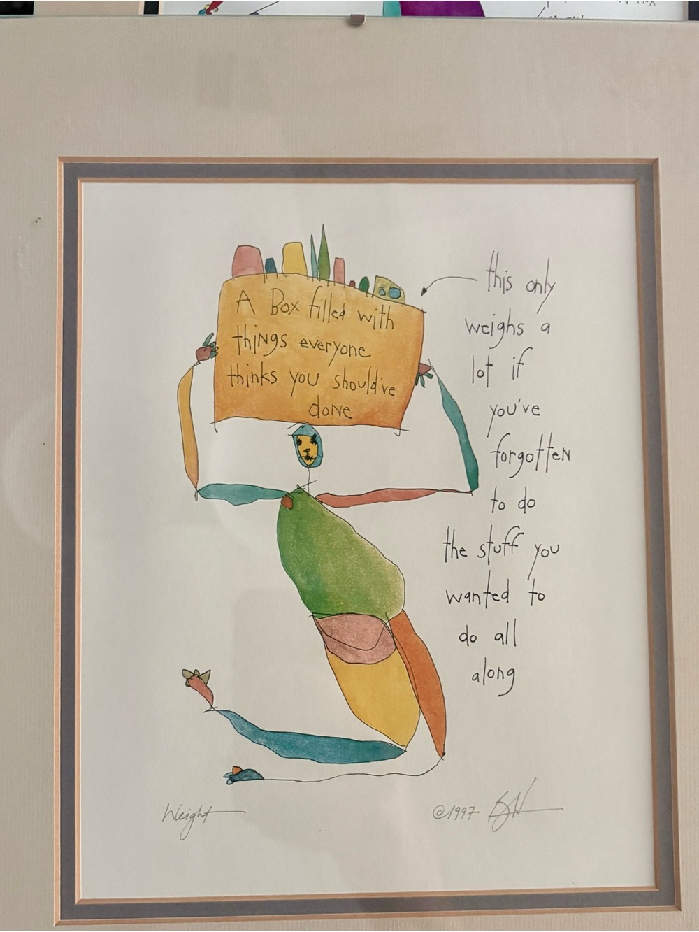 StoryPeople ‘Weight’ by Brian Andreas circa 1997 Watercolor Art Print